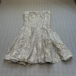 Y2K Metallic Lace Strapless Dress size 2 Cache Fit Flare Cocktail Formal USA